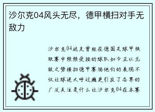 沙尔克04风头无尽，德甲横扫对手无敌力