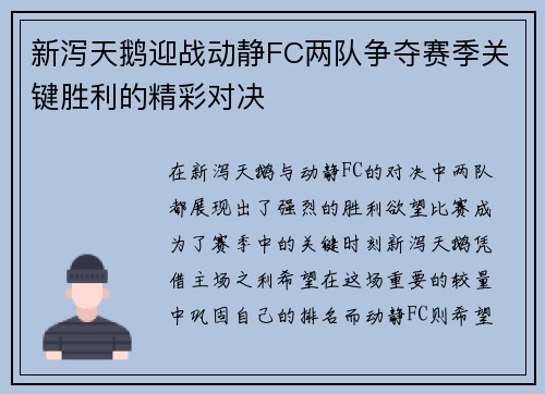 新泻天鹅迎战动静FC两队争夺赛季关键胜利的精彩对决