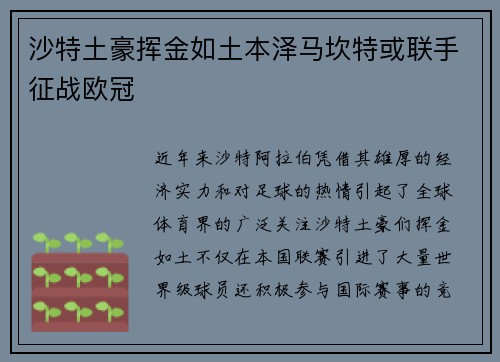 沙特土豪挥金如土本泽马坎特或联手征战欧冠