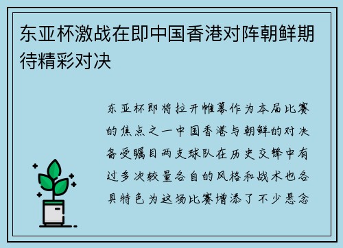 东亚杯激战在即中国香港对阵朝鲜期待精彩对决