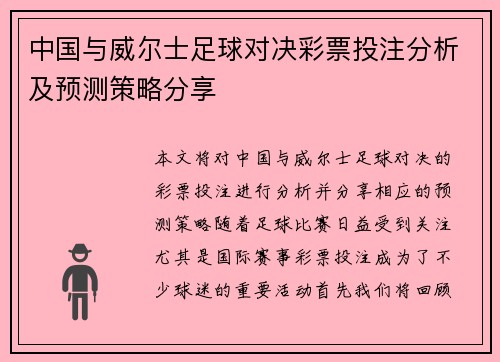中国与威尔士足球对决彩票投注分析及预测策略分享