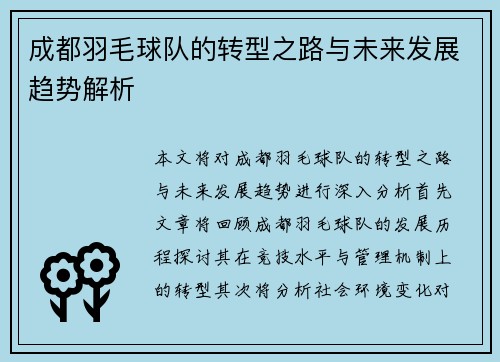 成都羽毛球队的转型之路与未来发展趋势解析