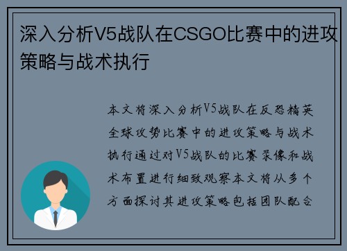 深入分析V5战队在CSGO比赛中的进攻策略与战术执行