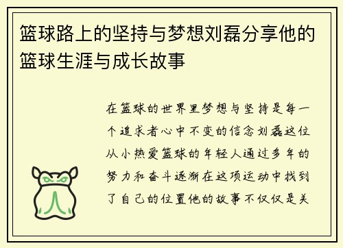 篮球路上的坚持与梦想刘磊分享他的篮球生涯与成长故事