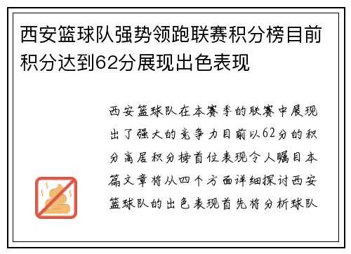 西安篮球队强势领跑联赛积分榜目前积分达到62分展现出色表现