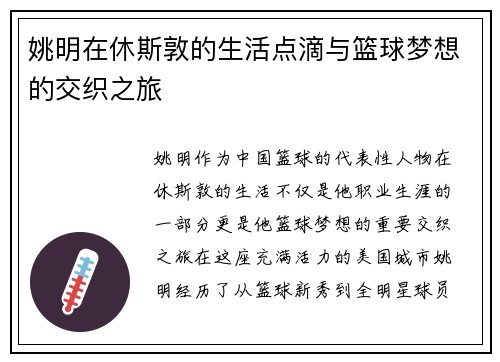 姚明在休斯敦的生活点滴与篮球梦想的交织之旅