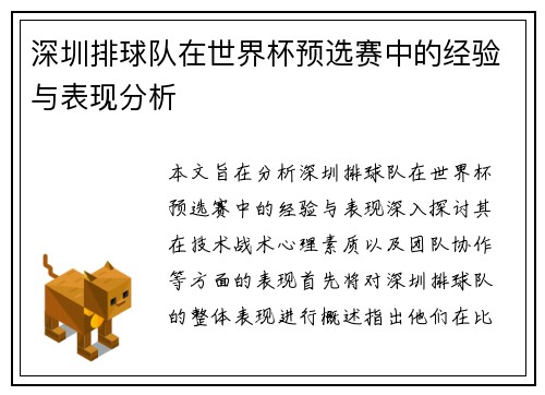 深圳排球队在世界杯预选赛中的经验与表现分析