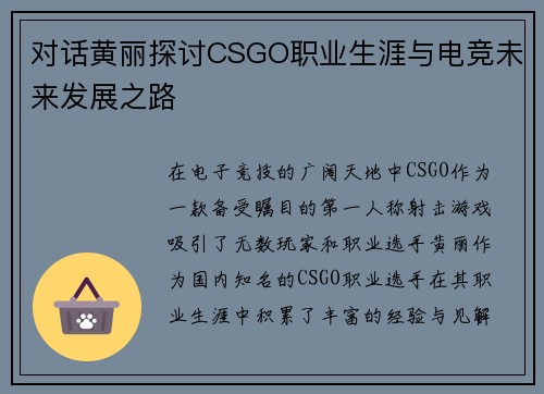 对话黄丽探讨CSGO职业生涯与电竞未来发展之路