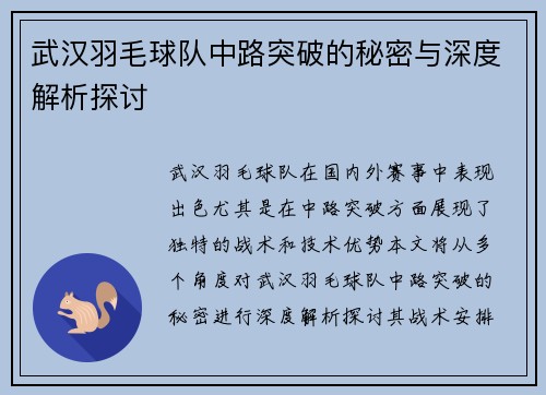 武汉羽毛球队中路突破的秘密与深度解析探讨